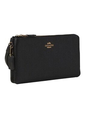 COACH DOUBLE ZIP WALLET IN POLISHED PEBBLE LEATHER BLACK WITH CARD SLOTS NEW!